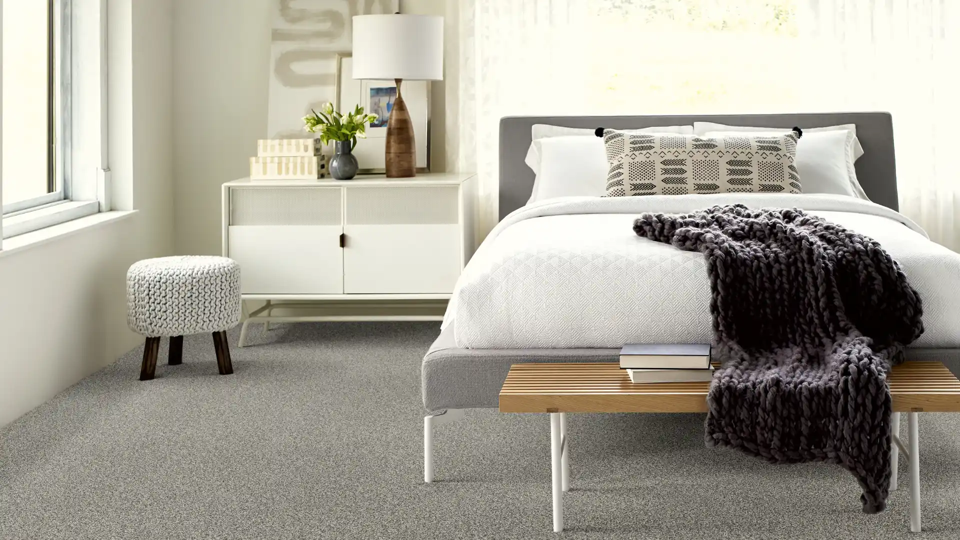 gray carpet in white bedroom